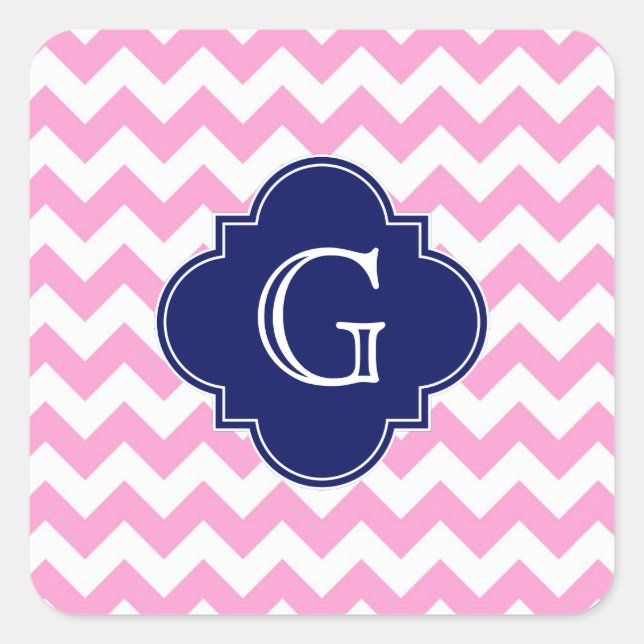 Pink White Chevron Zigzag Navy Quatrefoil Monogram Square Sticker (Front)