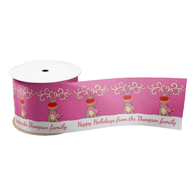 Pink white Christmas big antlers reindeer ribbon Satin Ribbon (Spool)