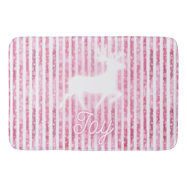 Pink & White Christmas Joy Reindeer Bath Mat (Front)