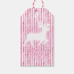 Pink & White Christmas Joy Reindeer Gift Tags
