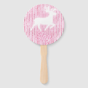 Pink & White Christmas Joy Reindeer Hand Fan