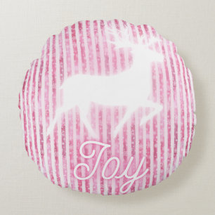 Pink & White Christmas Joy Reindeer Round Cushion