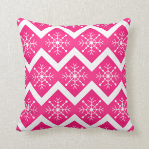 Pink & White Christmas Snowflakes Chevron Pattern Cushion