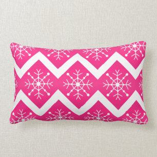 Pink & White Christmas Snowflakes Chevron Pattern Lumbar Cushion