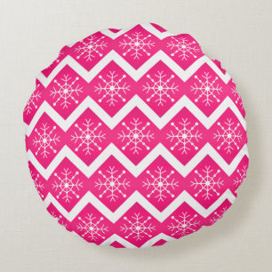 Pink & White Christmas Snowflakes Chevron Pattern Round Cushion