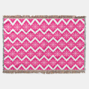 Pink & White Christmas Snowflakes Chevron Pattern Throw Blanket