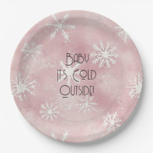 Pink White Christmas Snowflakes Stripes Paper Plate