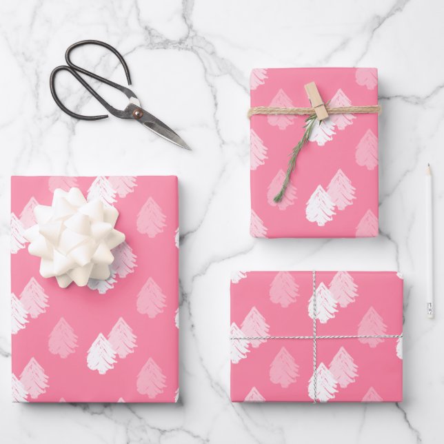 Pink White Christmas Tree Pattern Wrapping Paper Sheet (Front)