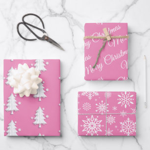 Pink, White Christmas, Trees, Snowflakes holiday Wrapping Paper Sheet