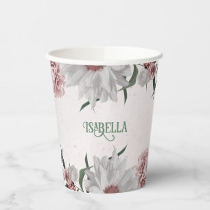 pink, white & cinnamon rose flowers greenery party paper cups