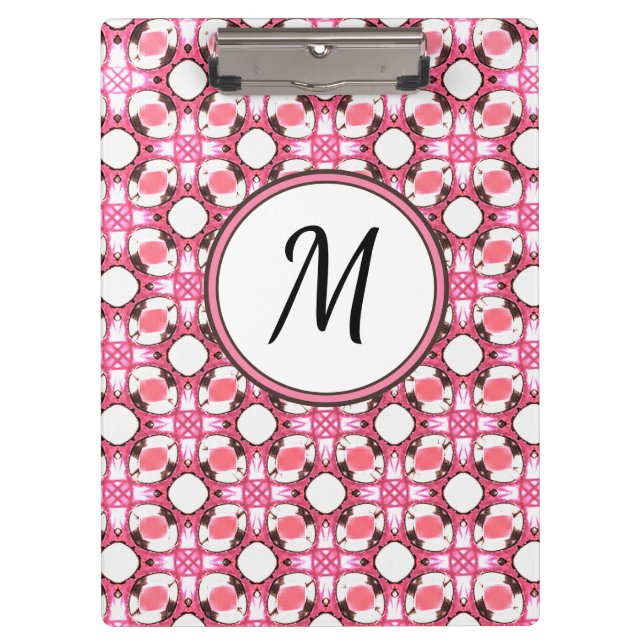 Pink White Circle Geometric Pattern Monogram Clipboard (Front)