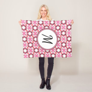 Pink White Circle Geometric Pattern Monogram Fleece Blanket
