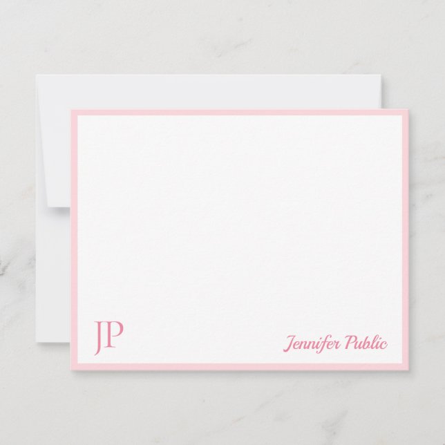Pink White Classic Handwritten Script Monogram Card (Front)