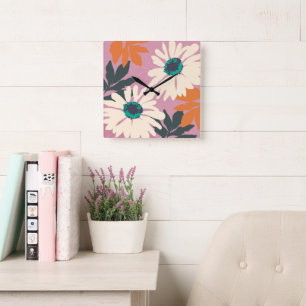 Pink White Colour Pop Daisies Artistic Floral   Square Wall Clock