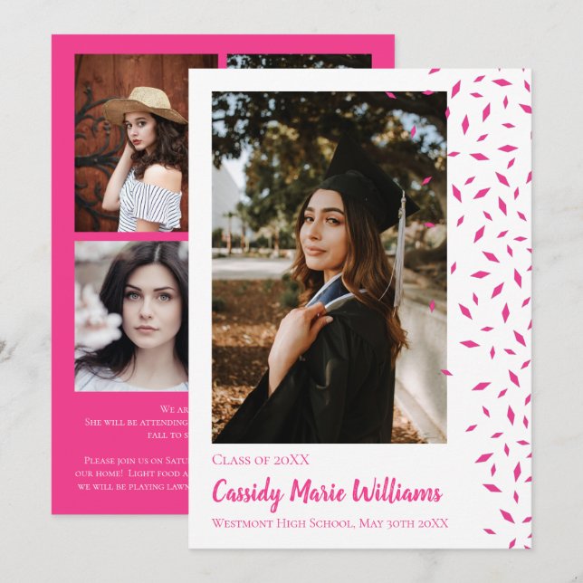 Pink White Confetti Graduation Announcement (Front/Back)