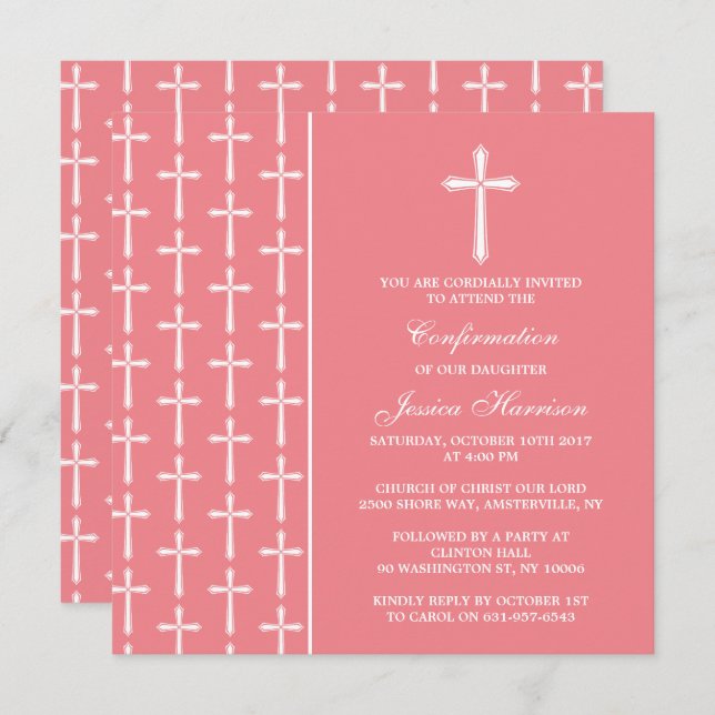 Pink & White Cross Holy Communion Or Confirmation Invitation (Front/Back)