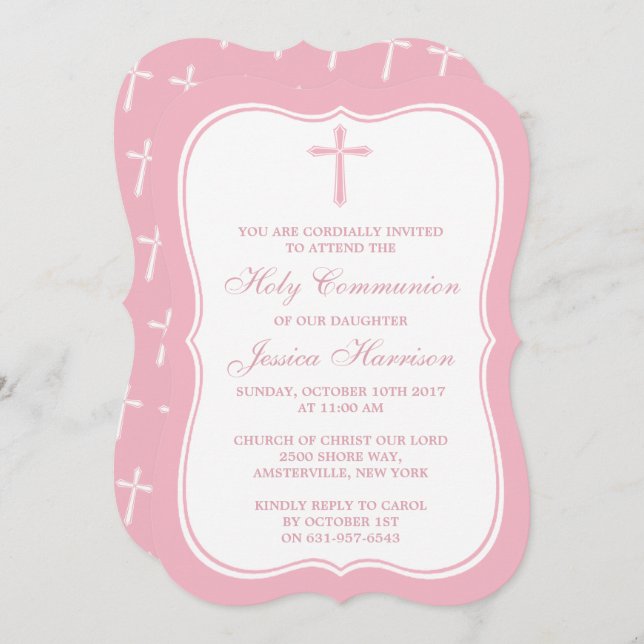 Pink & White Cross Holy Communion Or Confirmation Invitation (Front/Back)