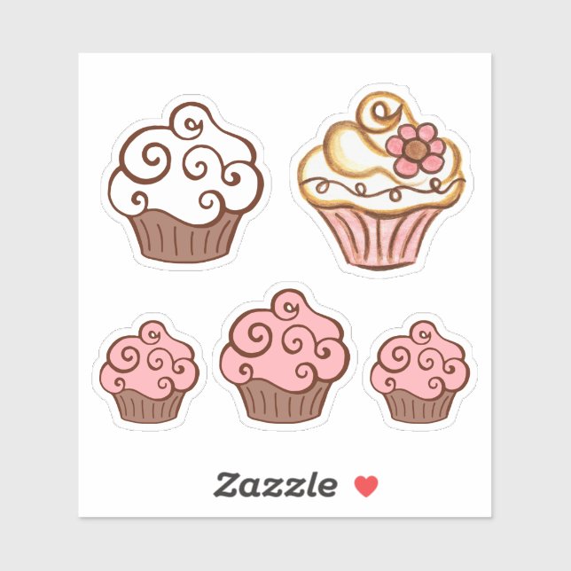 Pink White Cupcake Stickers (Sheet)