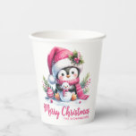 Pink White Custom Cute Penguin Merry Christmas Paper Cups<br><div class="desc">These girly pink and white Christmas paper cups with a cute penguin,  a tiny snowman,  and festive greenery features a Merry Christmas saying and a template for your Family name to personalise them for the Xmas party.</div>