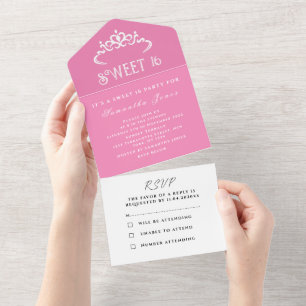 Pink White Cute Sweet 16 Tiara Sixteen Modern All In One Invitation