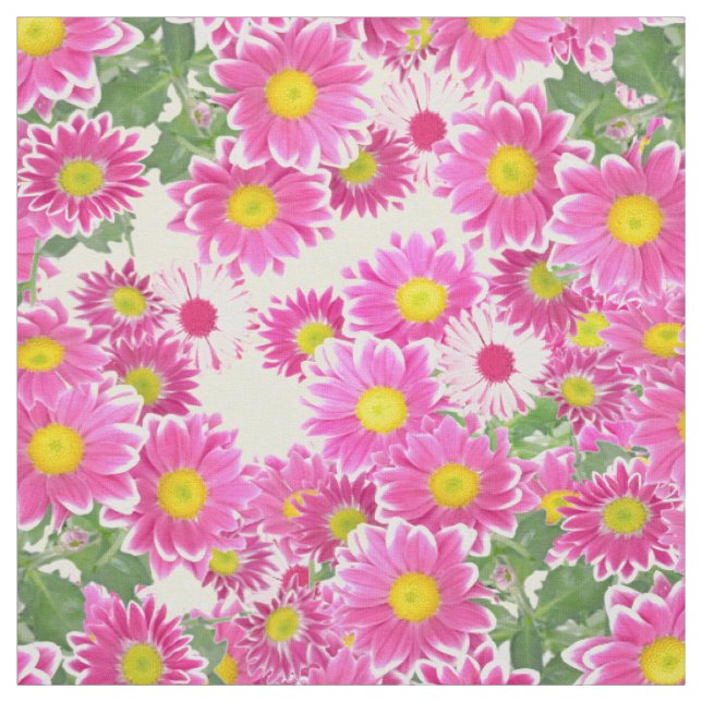 Pink white daisies floral polka dots pattern fabric (Swatch)