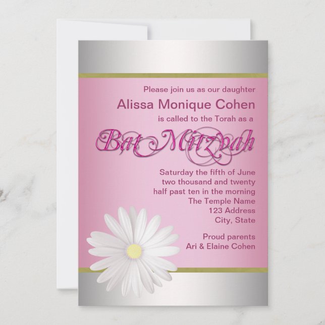 Pink White Daisy Bat Mitzvah Invitations (Front)