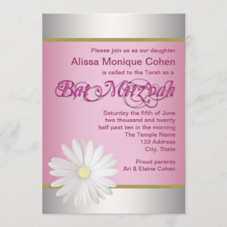 Pink White Daisy Bat Mitzvah Invitations