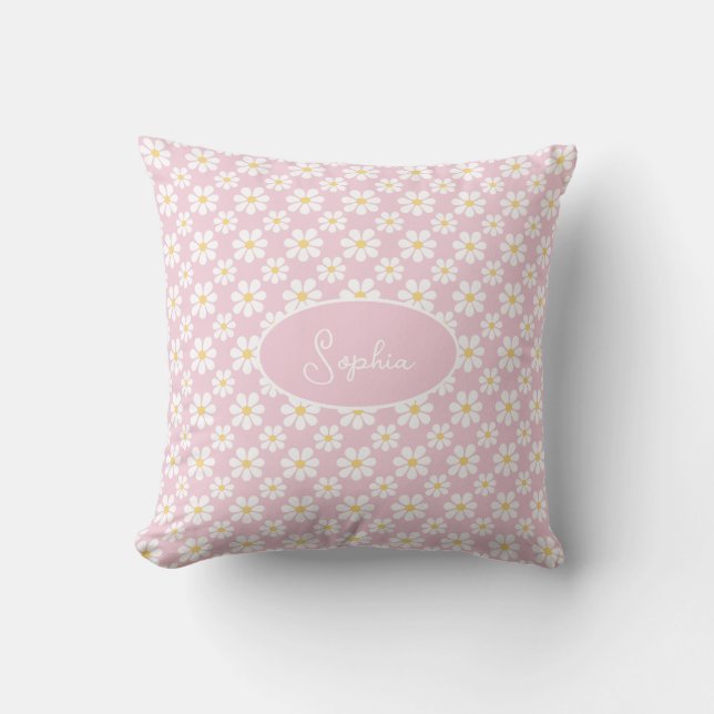 Pink White Daisy Pattern Custom Name  Cushion (Front)