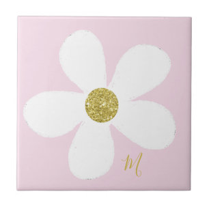 Pink White  Daisy Simple Floral Gold Personal Tile