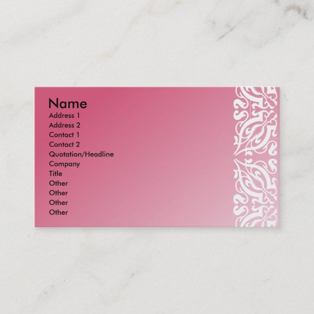 Pink & white damask business card (Front)