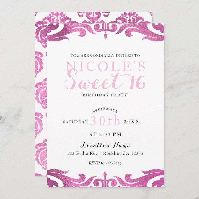 Pink & White Damask Chic Elegant Sweet 16 Party Invitation (Front/Back)