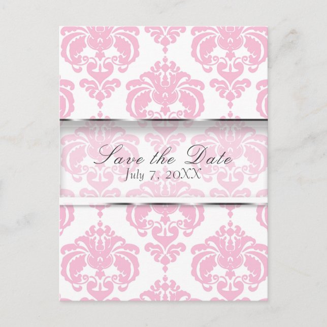 Pink & White Damask Chic Wedding Save the Date Announcement Postcard (Front)