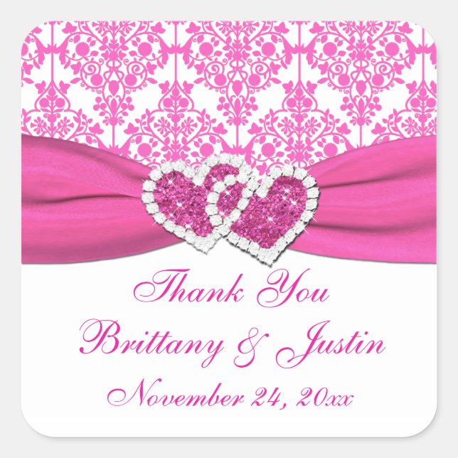 Pink, White Damask Joined Hearts Wedding Sticker (Front)
