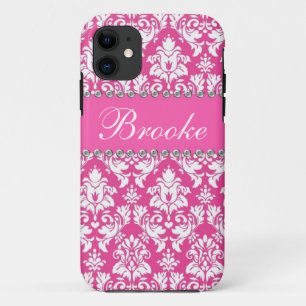 Pink & White Damask Rhinestone Bling Name Case