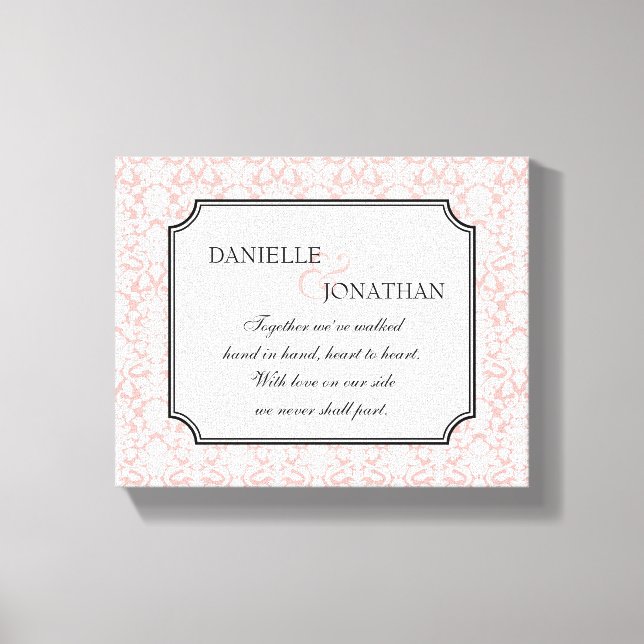 Pink white damask wedding personalised canvas art (Front)