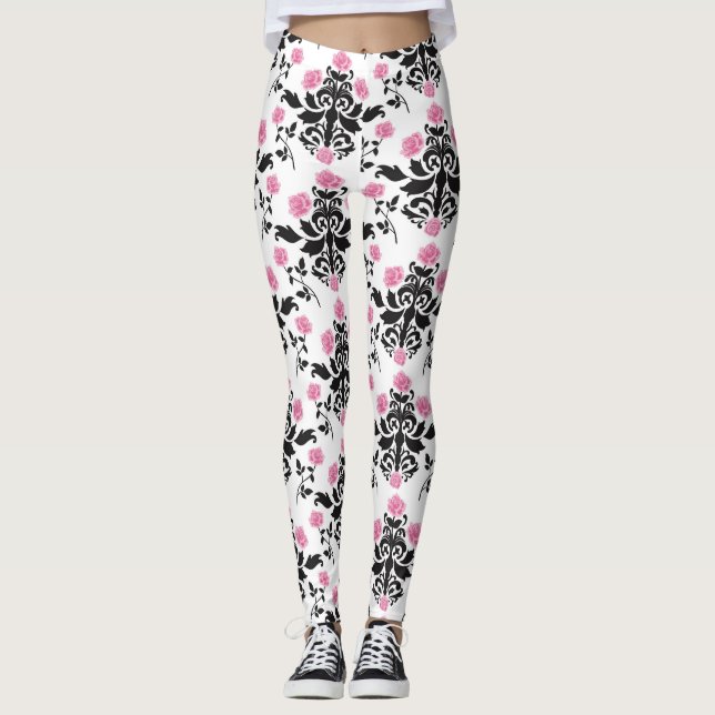 Pink/White Damask Women's Leggings (Front)