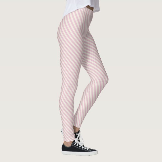 Pink White Diagonal Stripes Pattern Leggings (Right)