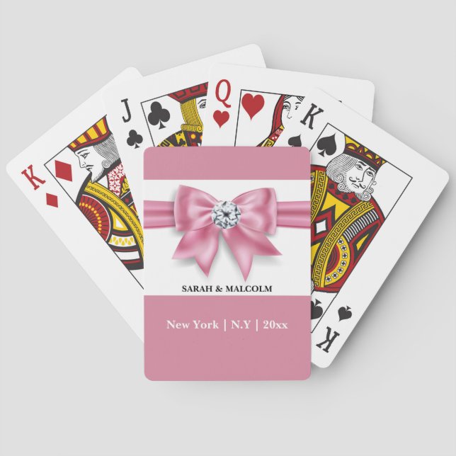 Pink white diamond bow girly favours name playing cards (Back)