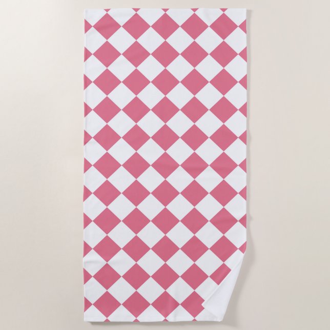 Pink White Diamond Chequered Pattern Beach Towel (Front)
