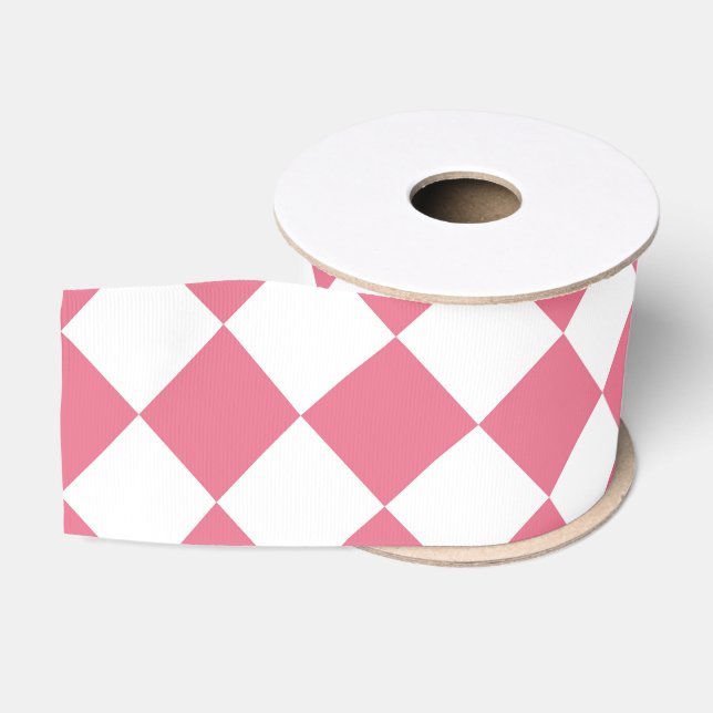 Pink White Diamond Chequered Pattern Grosgrain Ribbon (Spool)