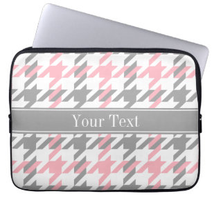 Pink White Dk Grey Houndstooth Name Monogram Laptop Sleeve