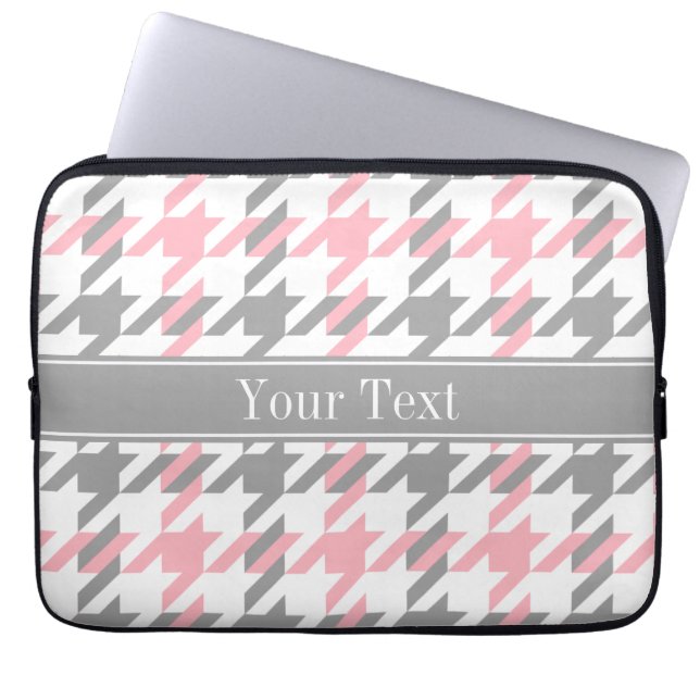 Pink White Dk Grey Houndstooth Name Monogram Laptop Sleeve (Front)