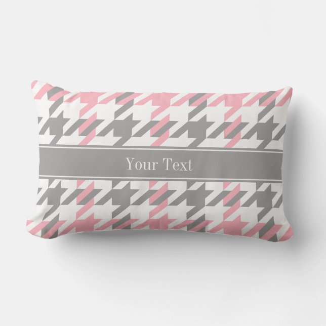 Pink White Dk Grey Houndstooth Name Monogram Lumbar Cushion (Front)