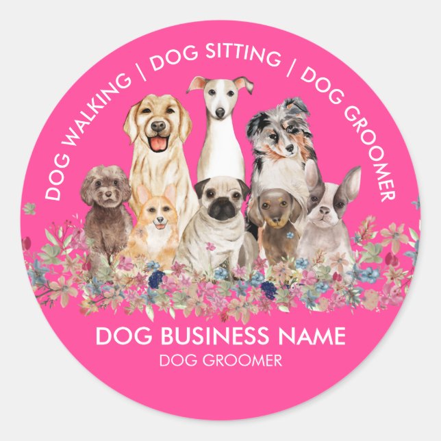 Pink White Dog Walking Groomer Pet Classic Round Sticker (Front)