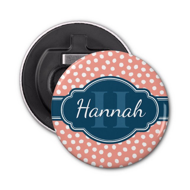 Pink White Dotted Pattern Navy Monogram Bottle Opener (Front)