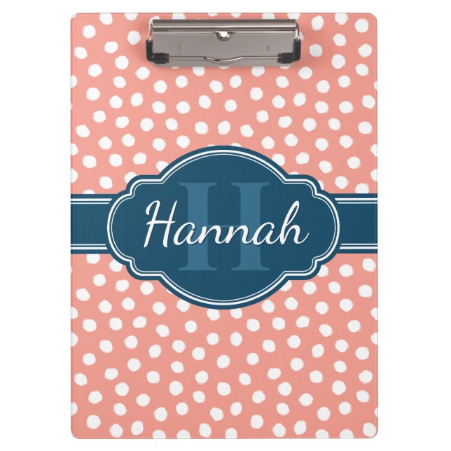 Pink White Dotted Pattern Navy Monogram Clipboard (Front)