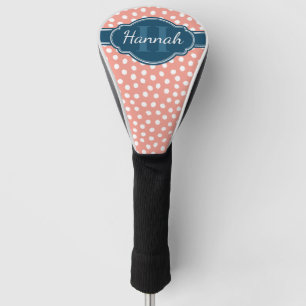 Pink White Dotted Pattern Navy Monogram Golf Head Cover