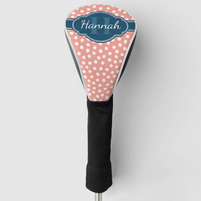 Pink White Dotted Pattern Navy Monogram Golf Head Cover (Front)