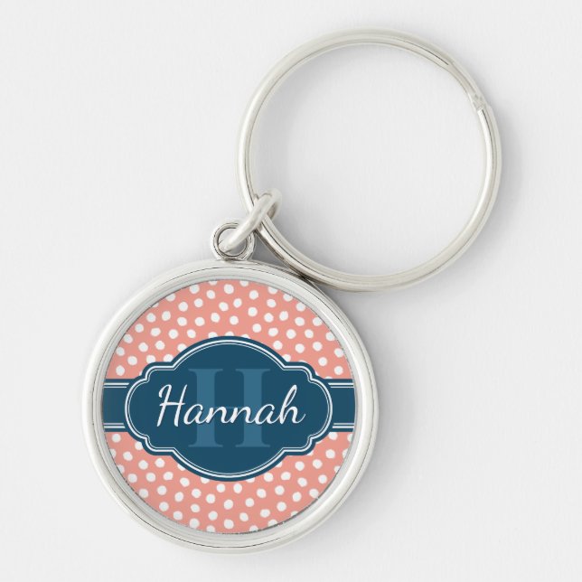 Pink White Dotted Pattern Navy Monogram Key Ring (Front)