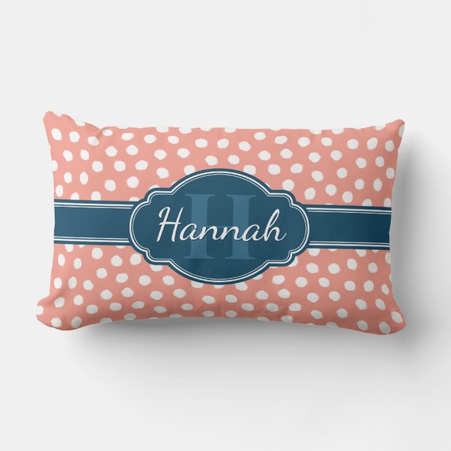 Pink White Dotted Pattern Navy Monogram Lumbar Cushion (Front)